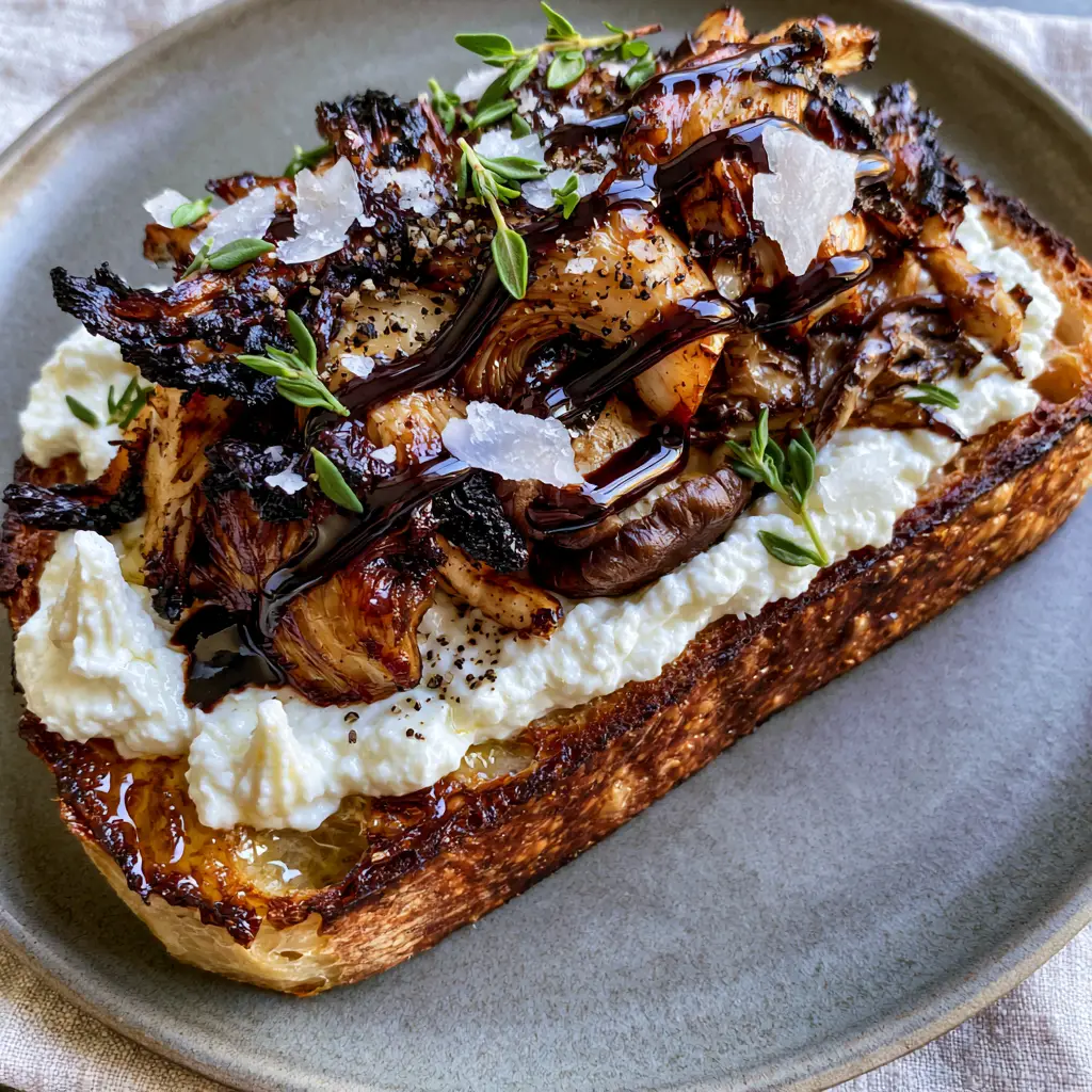 Mushroom Toast with Creamy Ricotta and Balsamic Glaze 2 Handheld smartphone photo of a single slice of Mushroom Toast featuring glistening garlic butter sourdough and charred mushroom edges.