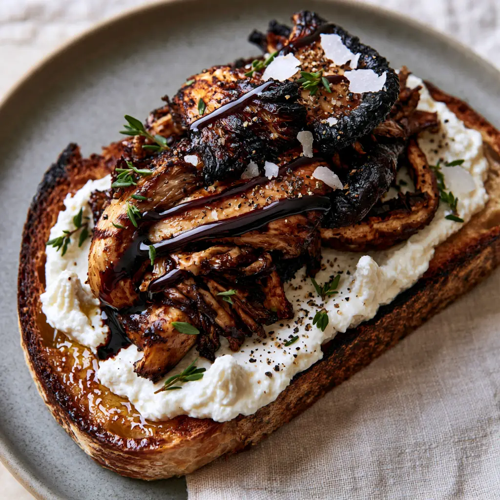 Mushroom Toast with Creamy Ricotta and Balsamic Glaze 1 Top-down view of Mushroom Toast with thick ricotta peaks, balsamic zig-zags, and fresh thyme leaves on a grey ceramic plate.