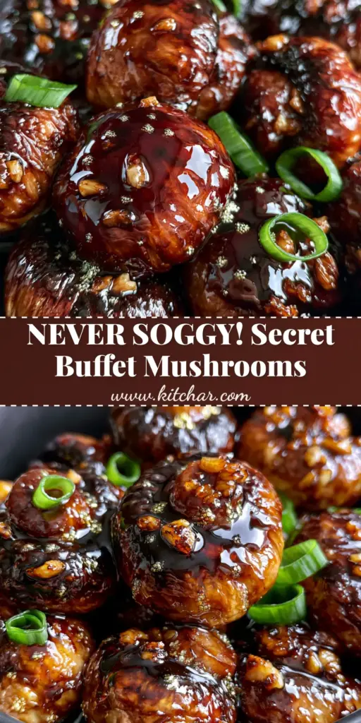 A close-up shot of glossy Chinese Buffet Mushrooms in a dark glaze with butter droplets and scallions. (Chinese Buffet Mushrooms)