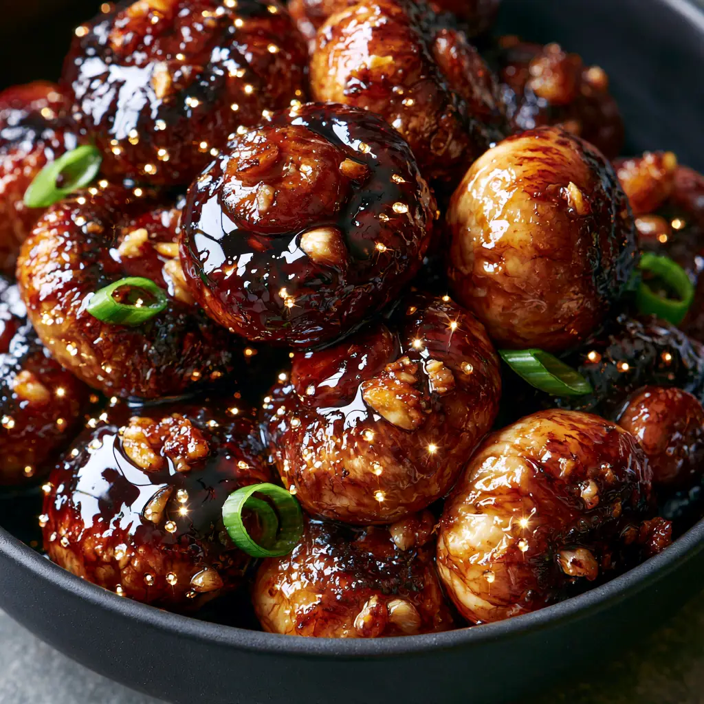Extreme close-up of seared mushrooms showing toasted garlic bits and melted butter droplets. (Chinese Buffet Mushrooms)