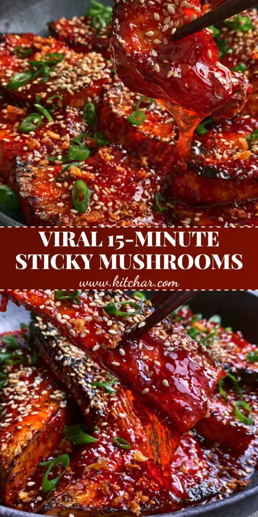 Extreme close-up of sticky Gochujang Mushrooms in a dark bowl with wooden chopsticks lifting a glossy slice.