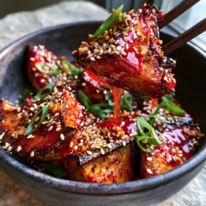Slabs of seared king oyster mushrooms with a thick crimson gochujang glaze and sesame seeds. (Gochujang Mushrooms)