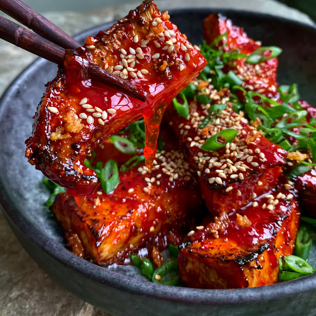 Close-up of Gochujang Mushrooms showing charred caramelized edges and crispy garlic garnishes.
