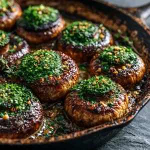 Extreme macro close-up of thick Cremini mushrooms with a golden-brown crust in a cast iron skillet. (Cowboy Mushrooms recipe)