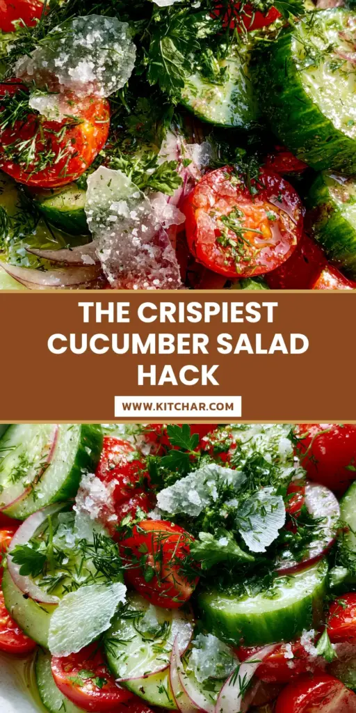 Cucumber and Tomato Salad with Flaky Maldon Salt 3 A top-down macro view of a vibrant Cucumber and Tomato Salad in a matte white bowl with glistening oil and flaky salt crystals.