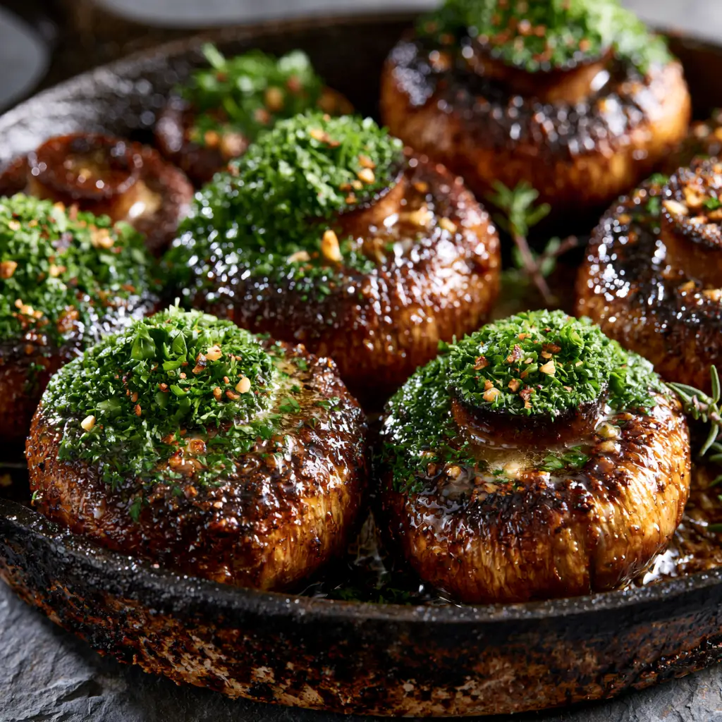 Cowboy Mushrooms Recipe: The Ultimate Garlic Butter Steakhouse Side 1 Macro view of melted garlic butter shimmering on seared mushrooms with flecks of toasted garlic and herbs. (Cowboy Mushrooms recipe)