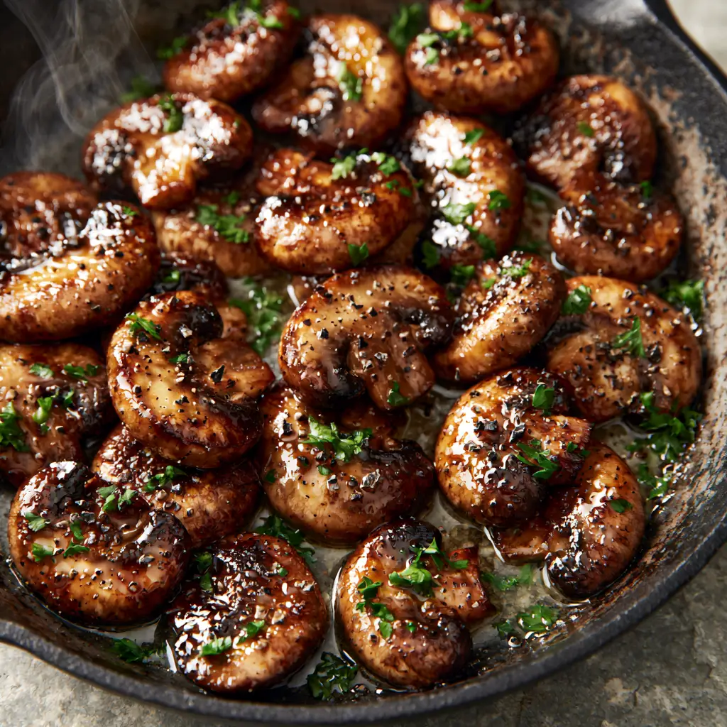 Sautéed Mushrooms: The Ultimate Garlic Butter Cast Iron Guide 2 Macro view of caramelized cremini mushroom slices in a matte black skillet. (sautéed mushrooms)