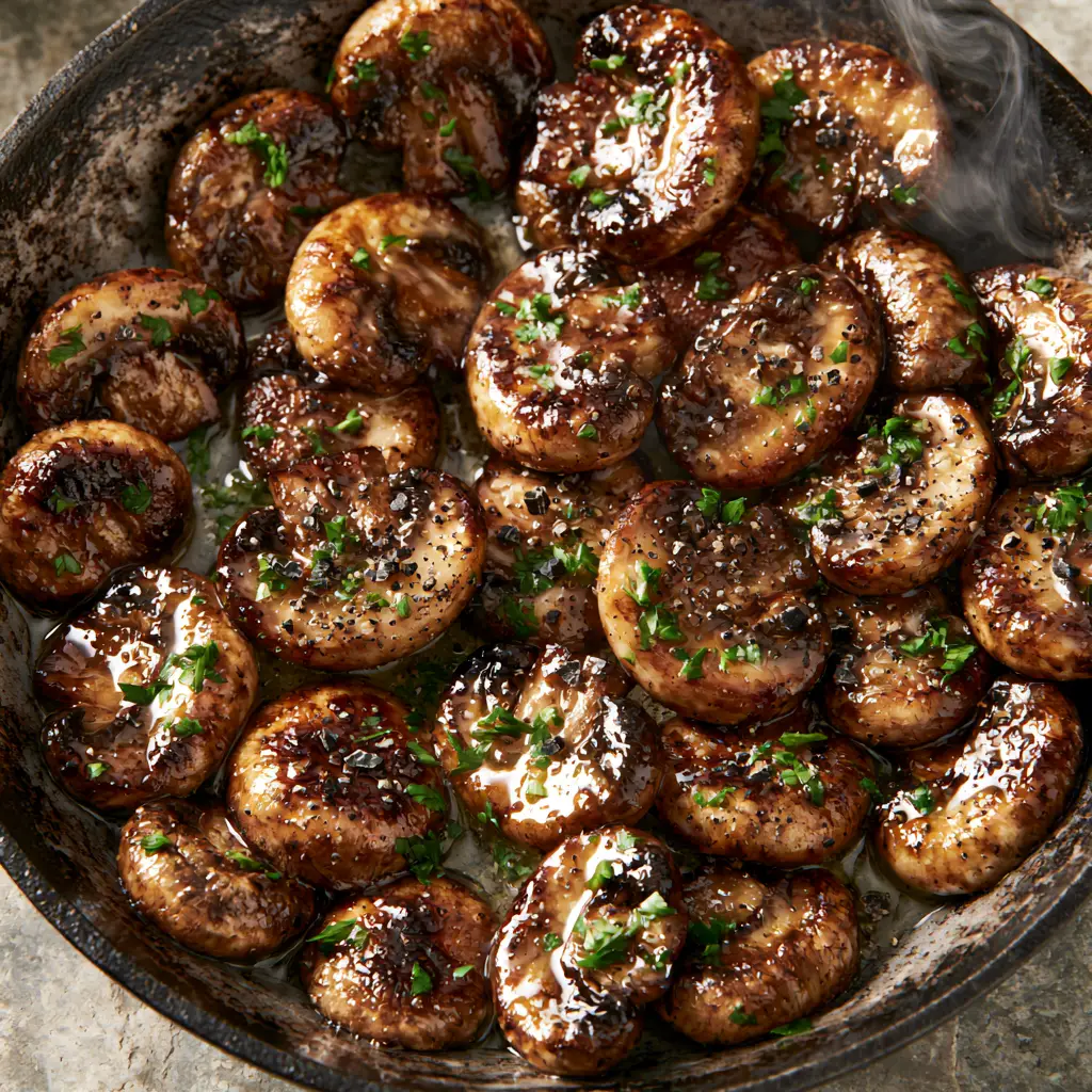 Sautéed Mushrooms: The Ultimate Garlic Butter Cast Iron Guide 1 Glistening garlic butter glaze on sautéed mushrooms with cracked black pepper and parsley.