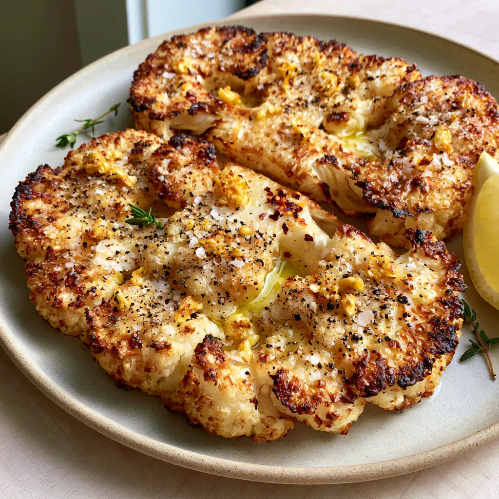 Cauliflower Steak: The Ultimate Double-Seared Garlic Butter Guide 2 A handheld smartphone photo showing two thick-cut cauliflower steaks with crispy charred edges and toasted garlic bits.