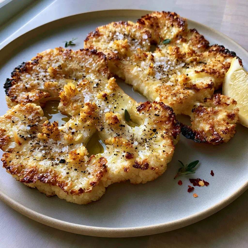 Cauliflower Steak: The Ultimate Double-Seared Garlic Butter Guide 1 Two cauliflower steaks on a matte ceramic plate with fresh thyme and a lemon wedge in soft natural light.