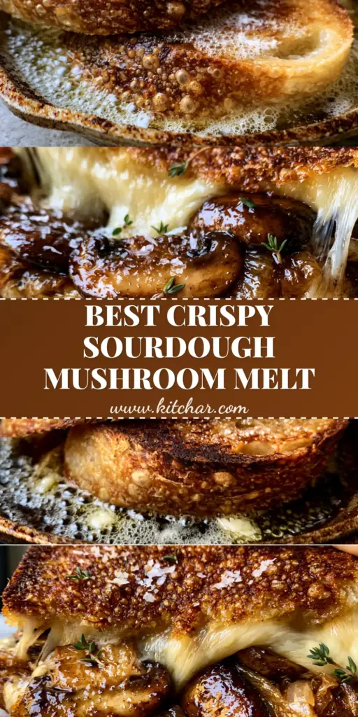A massive cheese pull from a sourdough mushroom melt with glistening balsamic cremini mushrooms and thyme.