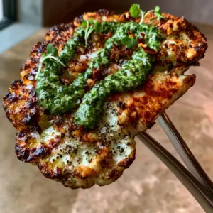 Close up of a cauliflower steaks recipe showing visible garlic granules, sea salt, and smoked paprika with emerald chimichurri.