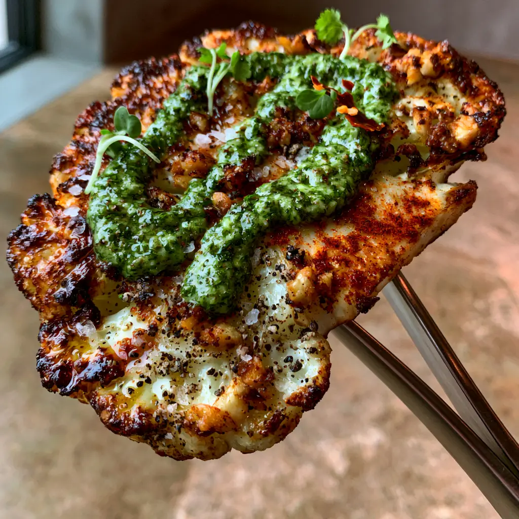 Cauliflower Steaks Recipe: The Ultimate Charred Garlic & Chimichurri Masterpiece 2 Close up of a cauliflower steaks recipe showing visible garlic granules, sea salt, and smoked paprika with emerald chimichurri.