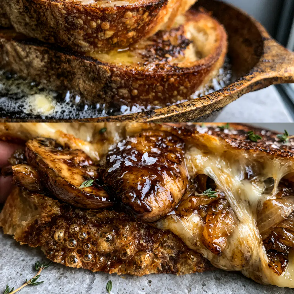 Split screen view showing artisan sourdough searing in butter and a close-up mushroom melt interior.