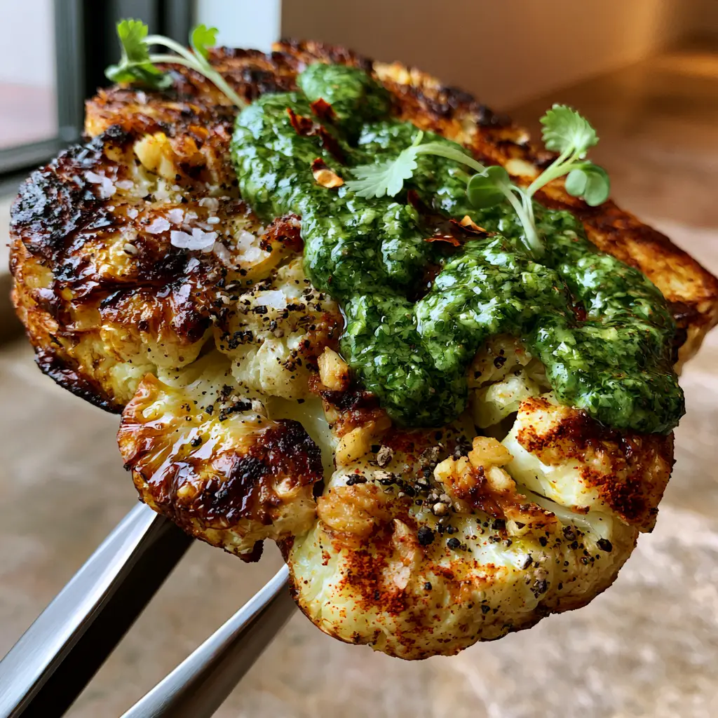 Cauliflower Steaks Recipe: The Ultimate Charred Garlic & Chimichurri Masterpiece 1 A professional cauliflower steaks recipe presentation on a stone countertop with natural lighting.