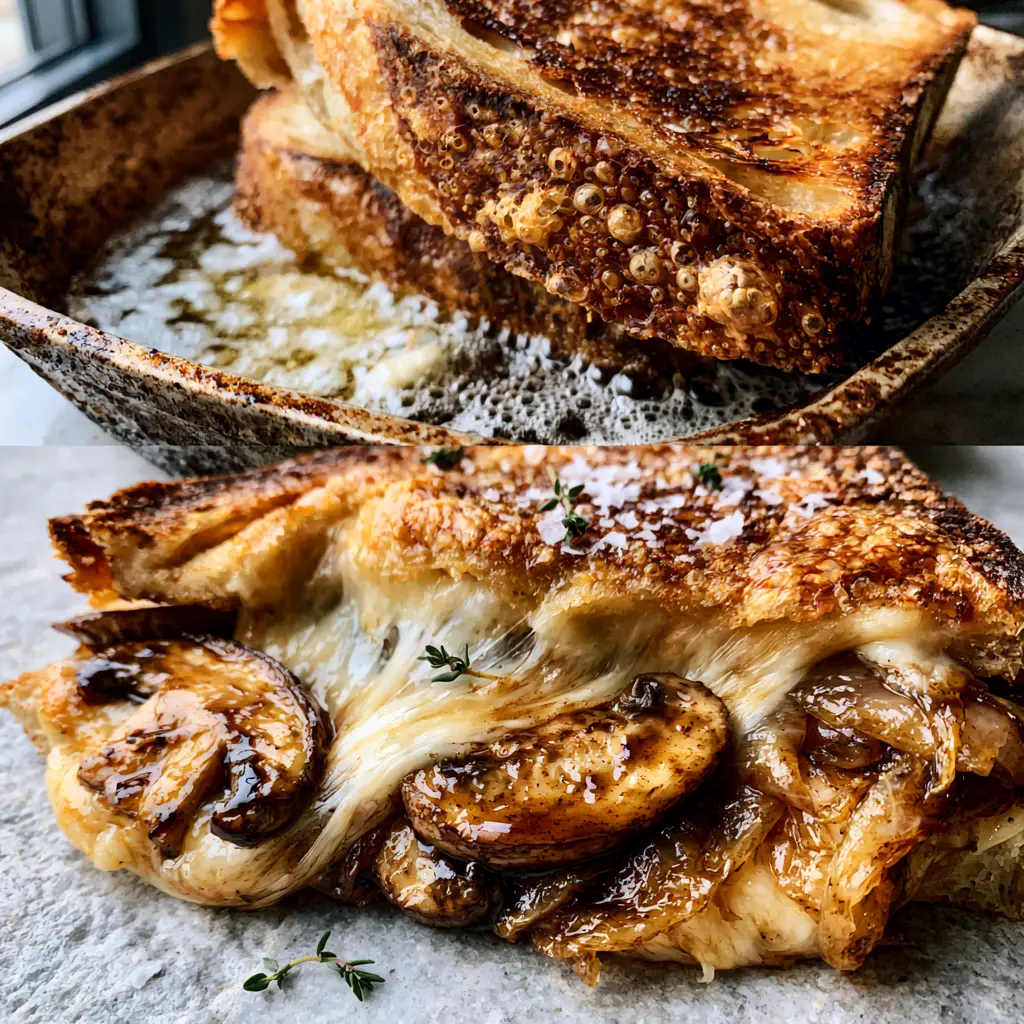 Close up of craggy artisan sourdough bread with micro-bubbles and sautéed balsamic mushrooms.