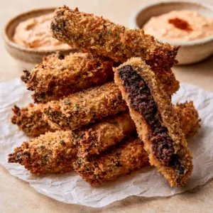 Close-up handheld photo of golden-brown Portobello Fries showing the rugged exterior shards and tiny specks of dried oregano.