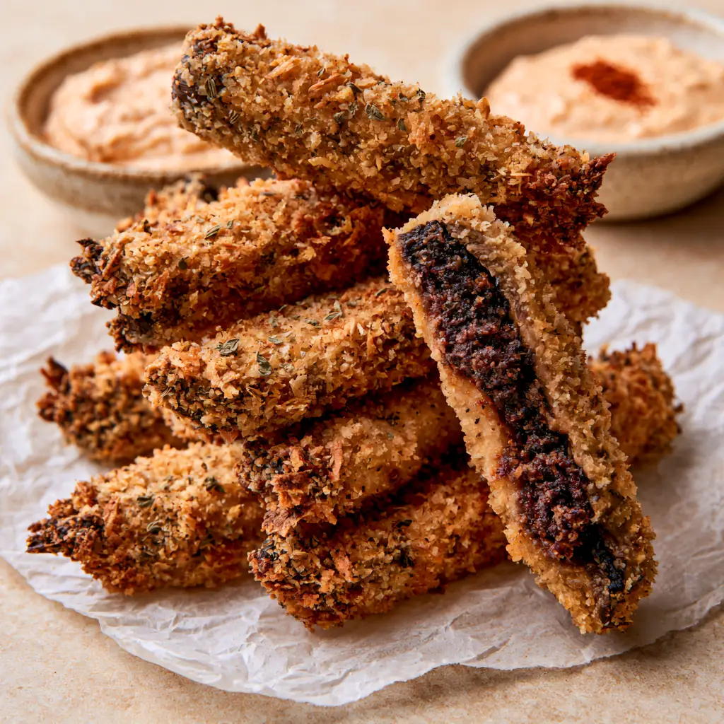 Close-up handheld photo of golden-brown Portobello Fries showing the rugged exterior shards and tiny specks of dried oregano.