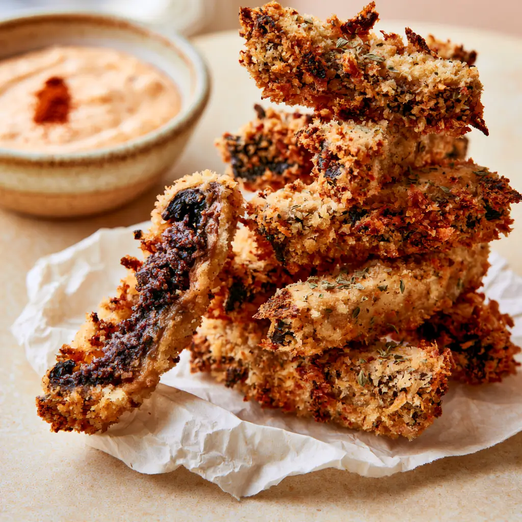 Portobello Fries with Smoky Chipotle Aioli (Crispy & Panko-Crusted) 1 One Portobello Fry snapped in half revealing a dark, juicy interior, sitting next to a bowl of pale-orange chipotle aioli garnished with smoked paprika.