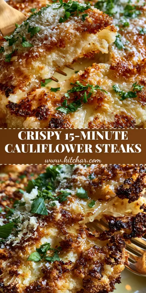A close-up vertical shot of a perfectly seared Cauliflower Steak with a thick parmesan crust and garlic butter glaze.