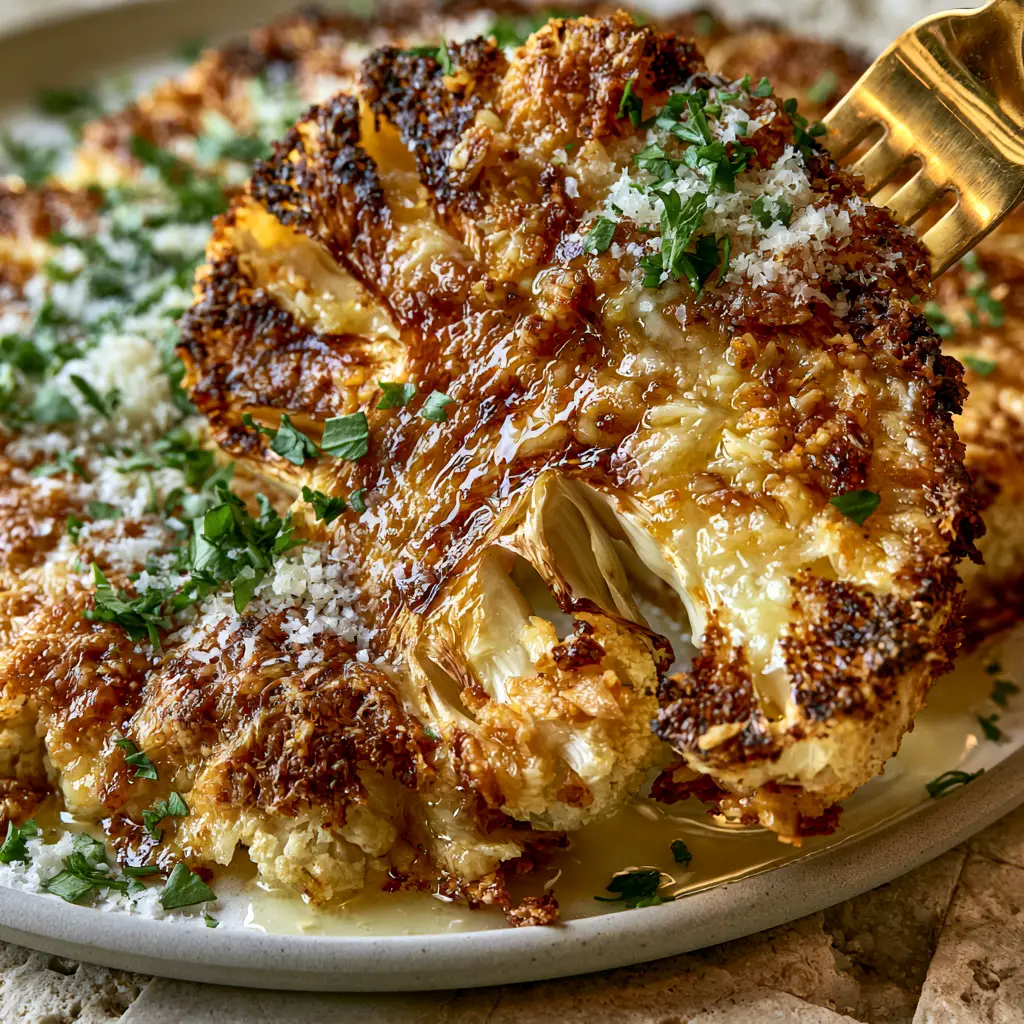 Home 6 A fork lifting a thick-cut seared Cauliflower Steak to show the tender cross-section and heavy golden crust.