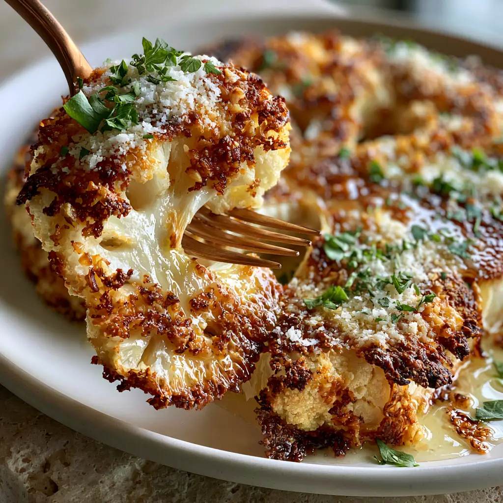 Cauliflower Steaks in a pan showing perfectly charred floret edges and a glossy garlic butter glaze.