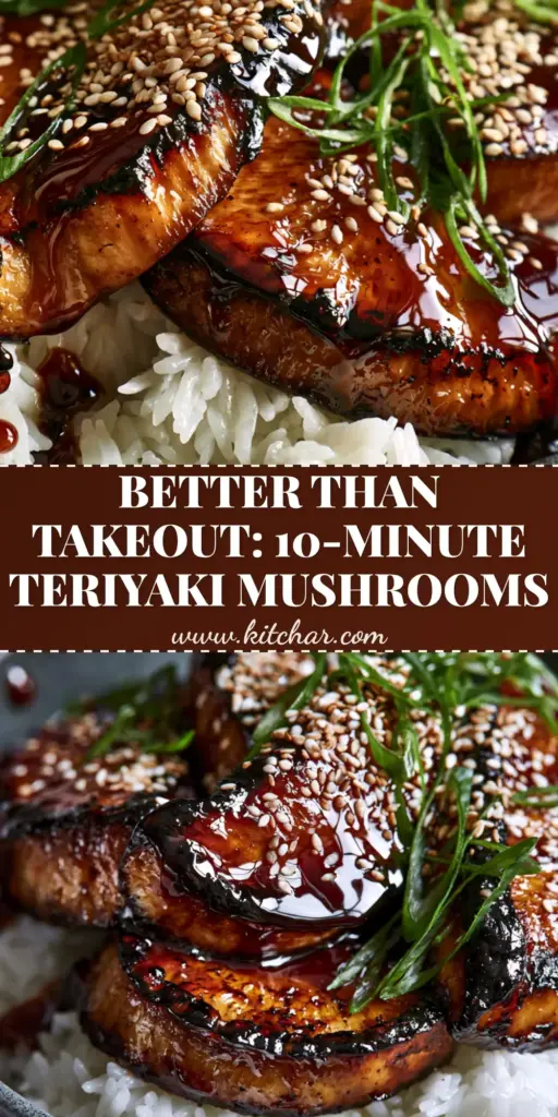 Teriyaki Mushrooms: Pan-Seared King Oyster Medallions with Mahogany Glaze 4 Close-up of Teriyaki Mushrooms with a thick mahogany glaze over jasmine rice in a charcoal bowl.