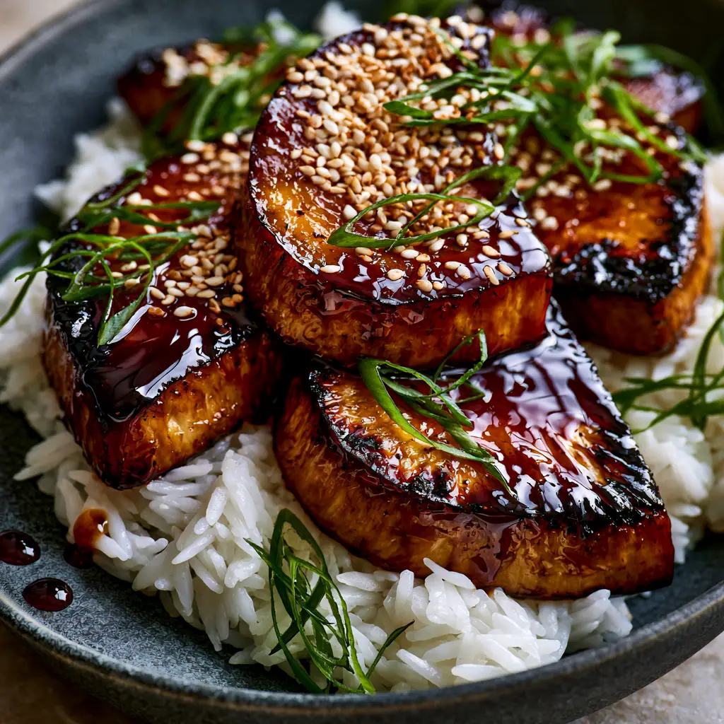 Extreme close-up of seared King Oyster mushroom medallions with charred edges and sticky teriyaki glaze. (Teriyaki Mushrooms)