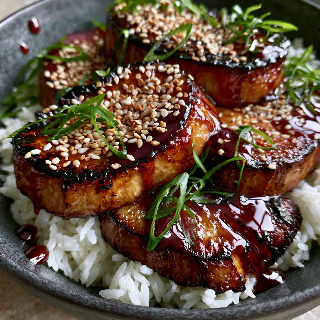 Teriyaki Mushrooms: Pan-Seared King Oyster Medallions with Mahogany Glaze 1 High-angle shot of glazed Teriyaki Mushrooms served in a matte charcoal ceramic bowl with green scallions.