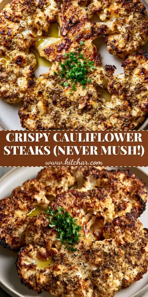 Close-up of two thick-cut Baked Cauliflower Steaks on a matte ceramic plate with golden-brown sear and fresh parsley. (Baked Cauliflower Steaks)