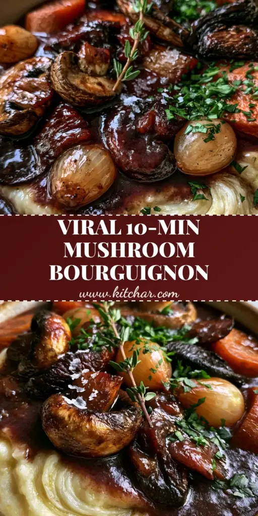 Vegan Mushroom Bourguignon with Velvety Garlic Mashed Potatoes 4 A rustic ceramic bowl of vegan mushroom bourguignon with velvety garlic mashed potatoes, glossy burgundy sauce, and fresh thyme garnish.