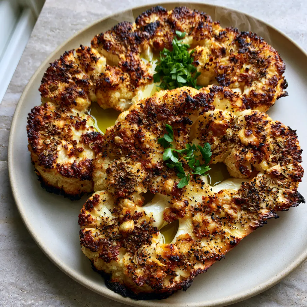 Top-down view of two perfectly seared Baked Cauliflower Steaks featuring charred edges and toasted garlic bits. (Baked Cauliflower Steaks)