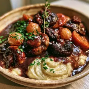Smartphone photo of vegan mushroom bourguignon featuring seared portobello mushrooms, pearl onions, and thick carrot rounds in a burgundy sauce. (vegan mushroom bourguignon)