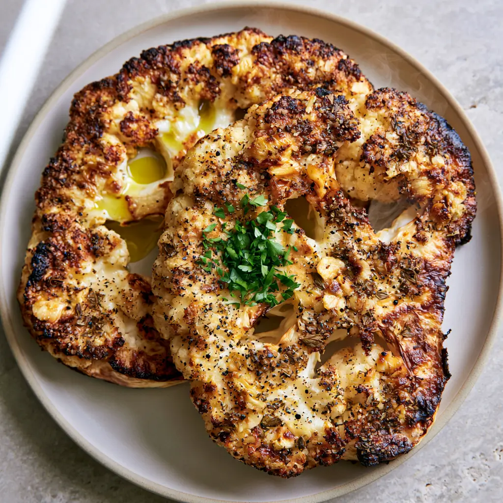 Detail shot of the caramelized surface of Baked Cauliflower Steaks with visible oregano flakes and cracked black pepper.