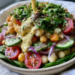 Macro photo of chickpea spinach salad showing plump ivory chickpeas, red onion slivers, and halved cherry tomatoes.
