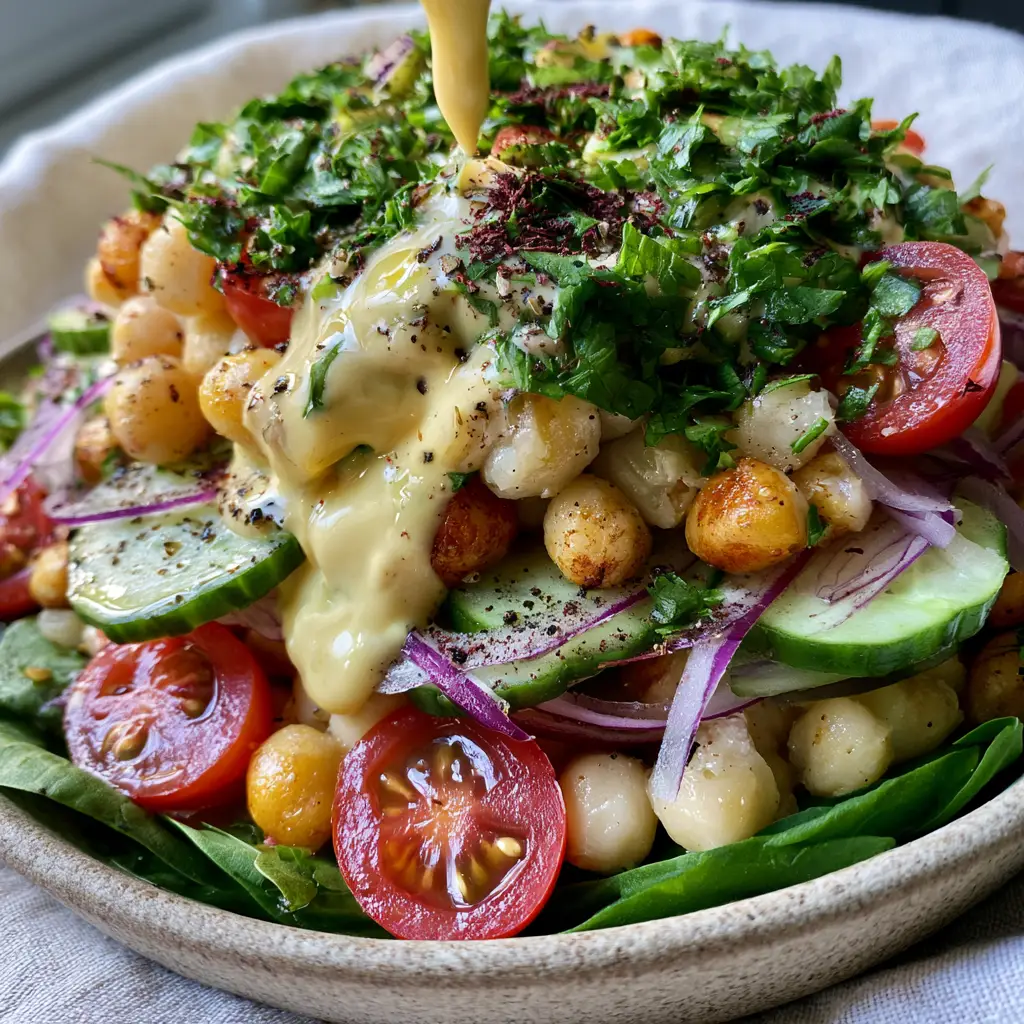 Macro photo of chickpea spinach salad showing plump ivory chickpeas, red onion slivers, and halved cherry tomatoes.