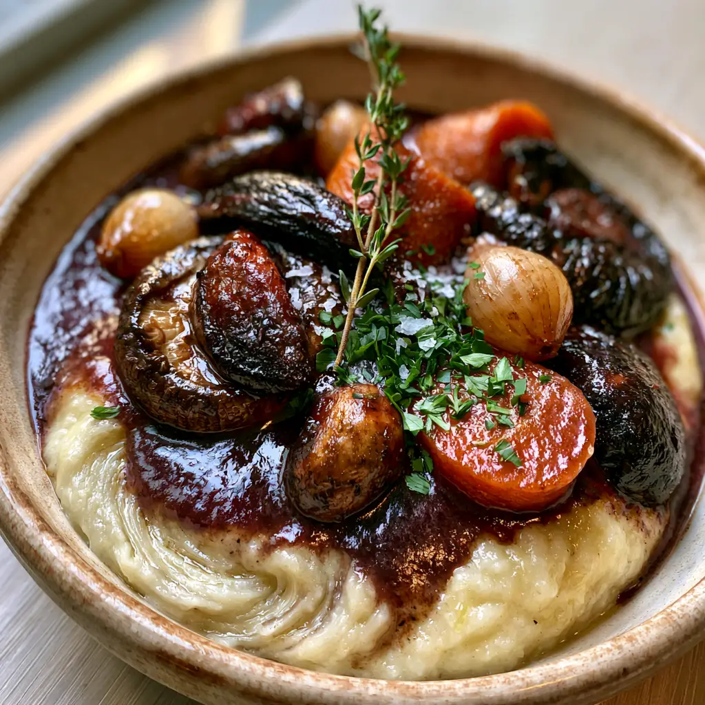 Vegan Mushroom Bourguignon with Velvety Garlic Mashed Potatoes 1 A overhead view of a rustic bowl of mushroom bourguignon showing the velvety garlic mashed potato swirls and glossy sauce.