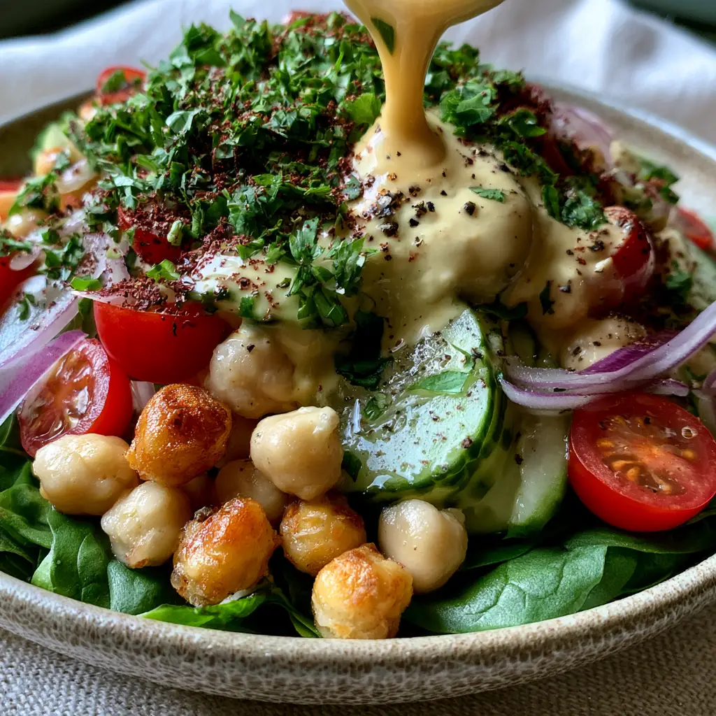 chickpea spinach salad with Creamy Lemon Tahini and Roasted Crunch 1 A glossy lemon tahini dressing being drizzled over a fresh chickpea spinach salad.