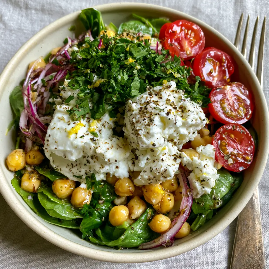 Extreme close-up of glossy chickpeas and halved cherry tomatoes in a chickpea spinach feta salad.