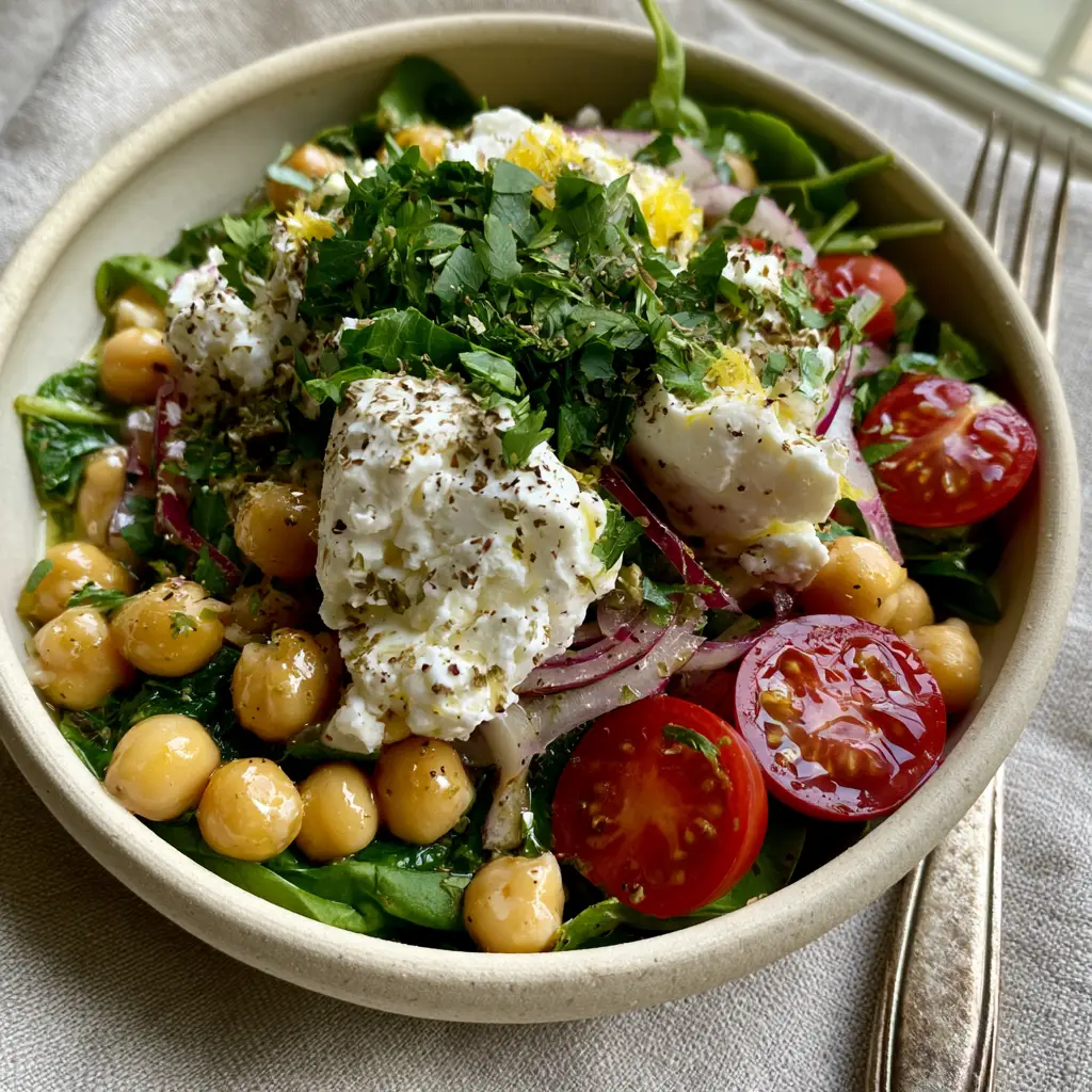 Chickpea Spinach Feta Salad: The Ultimate Mediterranean Protein Bowl 1 A side-lit photo of a chickpea spinach feta salad showing the creamy texture of the feta cheese.
