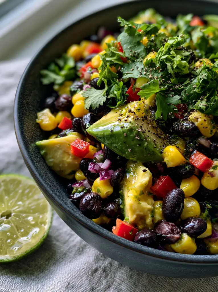 Black Bean and Corn Salad with Zesty Lime Vinaigrette 2 Extreme close-up of glossy black beans and golden corn with a lime glaze. (black bean and corn salad)