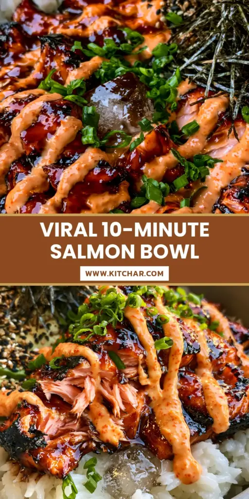 Salmon Rice Bowls with Honey-Soy Glaze and Creamy Spicy Mayo 4 A close-up of gourmet salmon rice bowls featuring seared salmon with a dark glaze, spicy mayo ribbons, and fan-cut avocado.