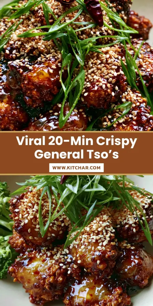 A close-up of crispy, air-fried General Tso's Chicken in a thick glossy dark-amber sauce, topped with sesame seeds and scallions. (General Tso's Chicken)