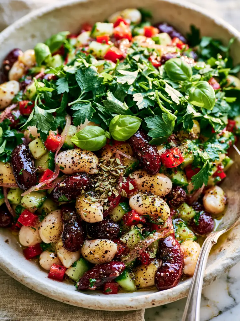 Italian Bean Salad with Shimmering Lemon-Herb Vinaigrette and Fresh Basil 1 A silver spoon digging into a bowl of Italian bean salad, highlighting the shimmering lemon-herb vinaigrette and fresh parsley garnish.