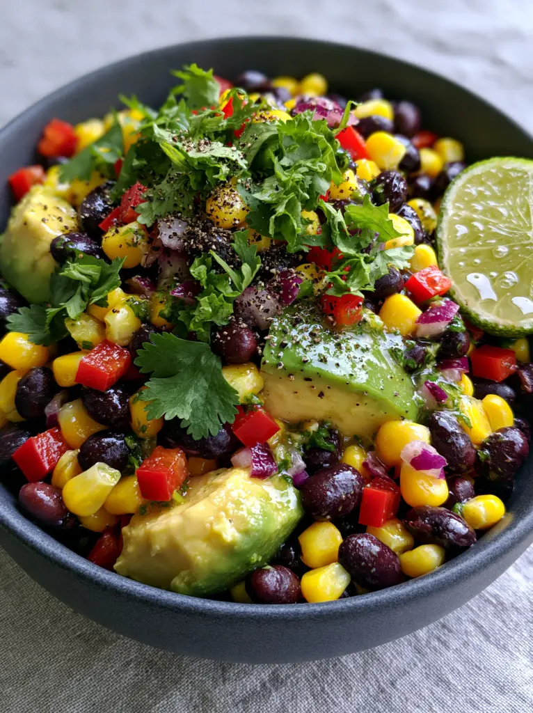 Black Bean and Corn Salad with Zesty Lime Vinaigrette 1 A macro shot of buttery avocado chunks and crimson bell pepper in a black bean and corn salad.