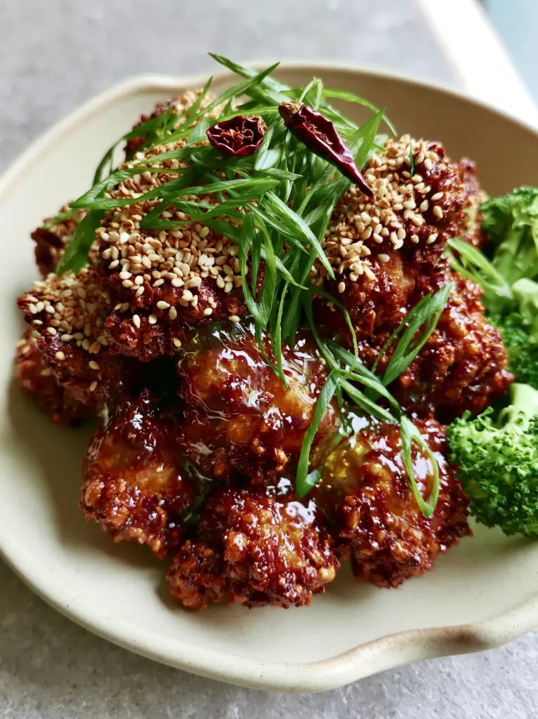 45-degree angle view of General Tso's chicken showing the craggy, double-dredged texture.
