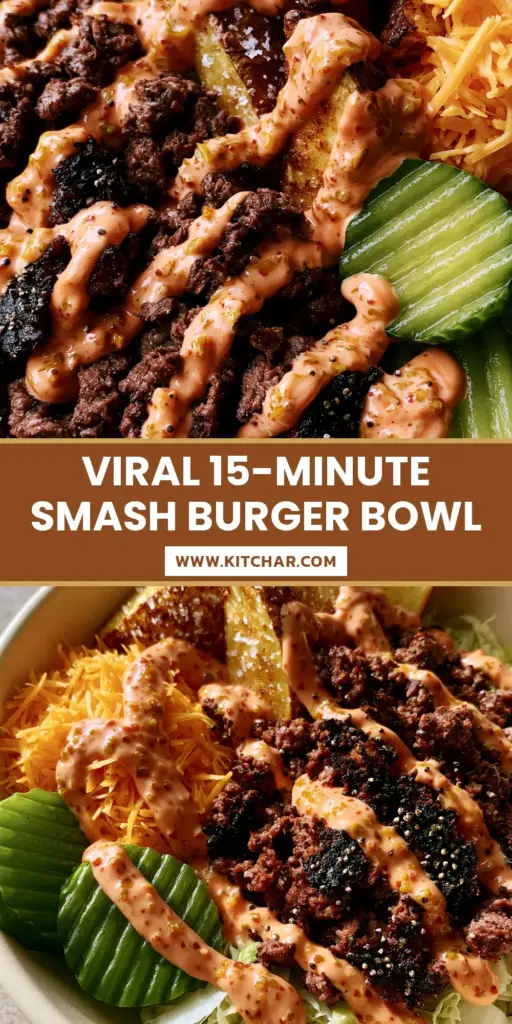 A gourmet Smash Burger Bowl featuring charred beef crumbles, golden potato wedges, and special sauce in a cream bowl. (Burger Bowl Recipe)