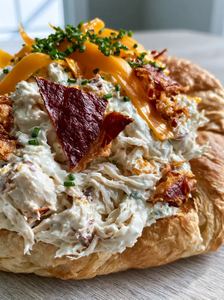 Sassy Scotty Chicken Salad: The Ultimate Creamy Ranch and Bacon Delight 2 Close-up of shredded Sassy Scotty chicken salad showing fine ribbons of chicken and mahogany bacon.