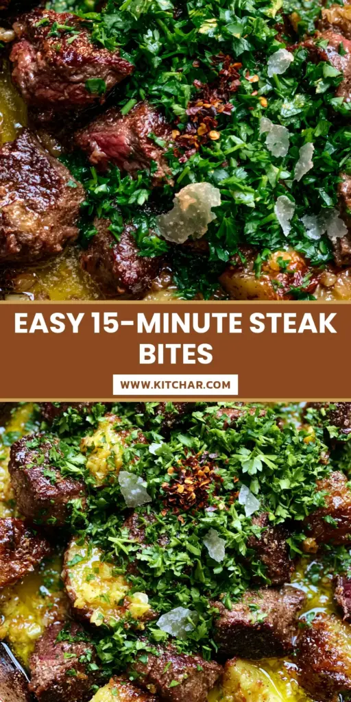 A cast iron skillet filled with glistening garlic butter steak bites and crispy golden-brown potato wedges, garnished with fresh parsley and sea salt. (steak dinner ideas)