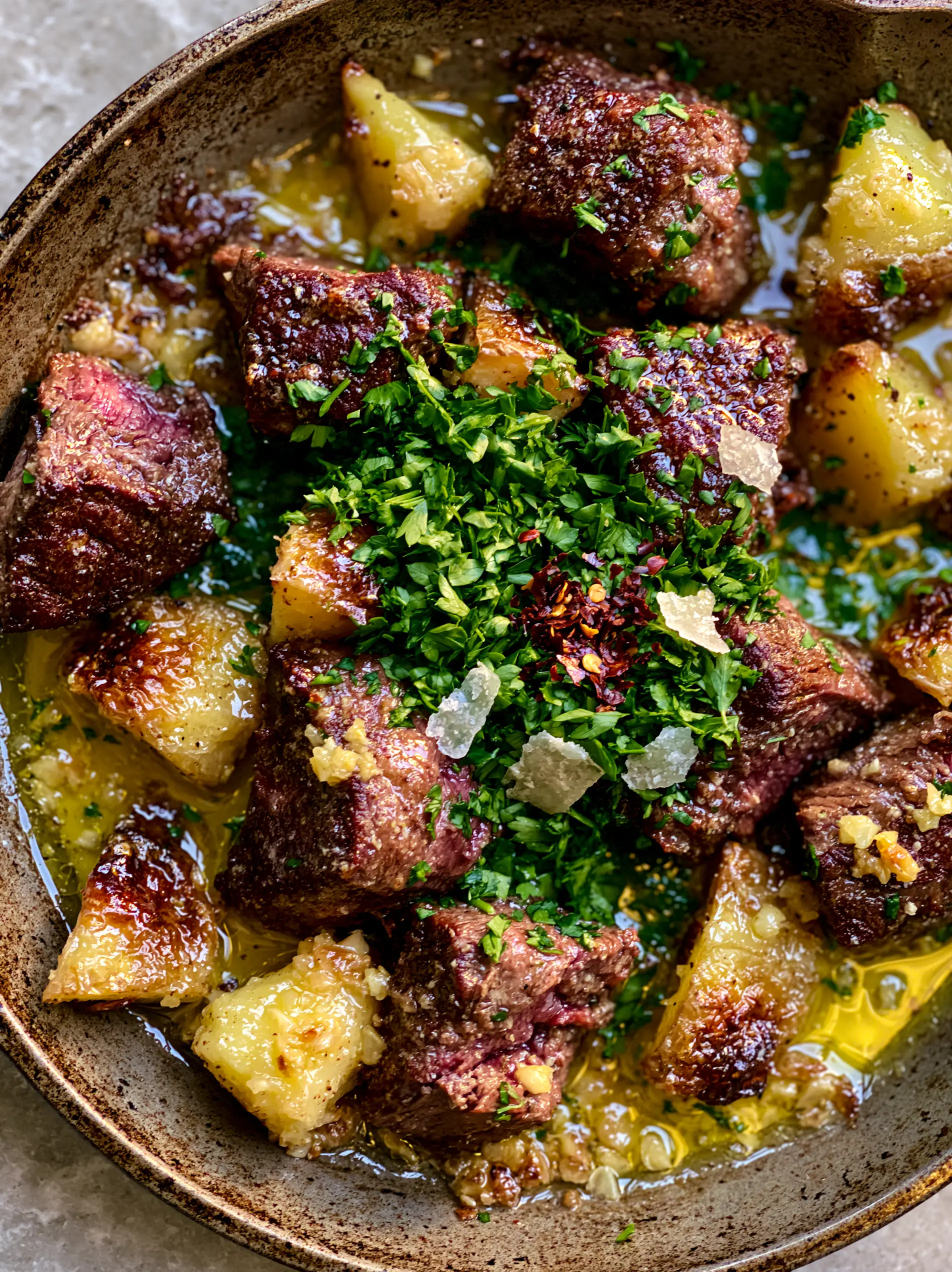 Top-down view of a seasoned cast iron skillet with perfectly seared ribeye cubes and blistered gold potato wedges. (steak dinner ideas)